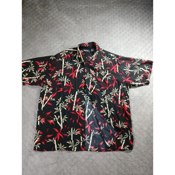 Puritan Other - Puritan Mens Large Black Red Bamboo Tropical Rayon ShortSleeve Button Down Shirt